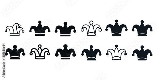 Black and white jester hat icons collection in various styles