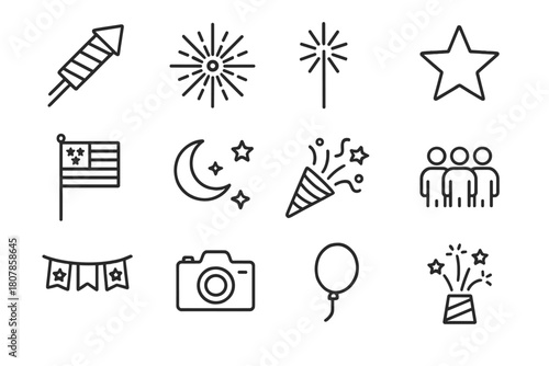 Fireworks Icon Set. Independence Day fireworks. Line icon set of Independence Day fireworks: rocket, burst firework, sparkler, star, flag, night sky, confetti,