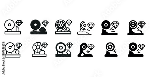 Diamond polishing icons collection with various equipment styles