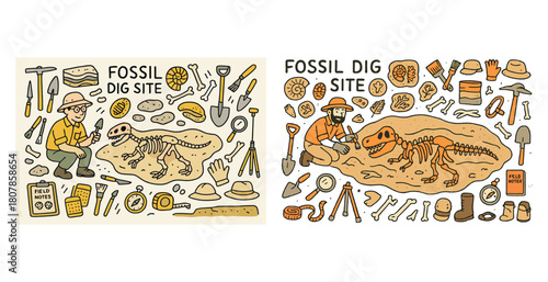 Paleontologist uncovering dinosaur fossils with excavation tools illustration