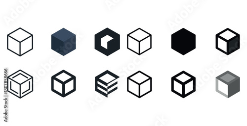 Variety of cube icon designs in different styles and colors
