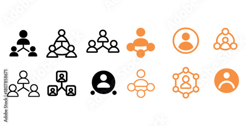 Collection of social network and community connection icons in black and orange