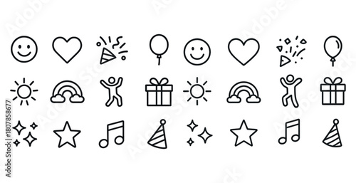 Festive icon set: hearts, balloons, gifts, music, and celebration symbols