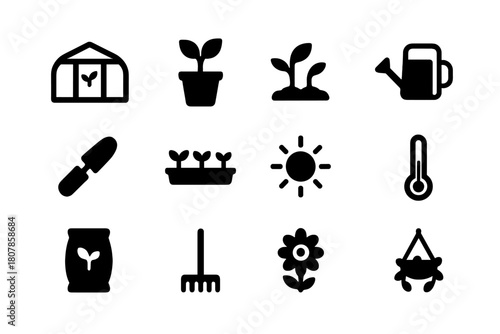Plant Nursery Icons. Plant Nursery. Solid icon set of Plant Nursery: greenhouse, potted plant, seedling, watering can, garden trowel, plant tray,