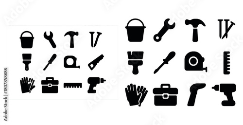 Silhouette collection of essential tools icons for diy and construction projects