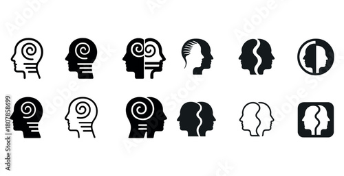 Abstract human silhouettes with spiral and double face profiles in black and white