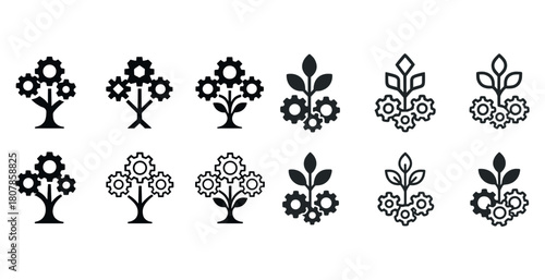 Collection of black and white gear tree and plant icons
