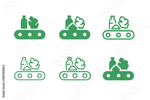 Waste Management Logos. waste management. Icon set. Set Logo of waste management: sorting conveyor belt. harmonious logo variations of the same emblematic