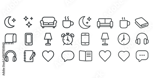 Line icons of furniture, technology, and daily items