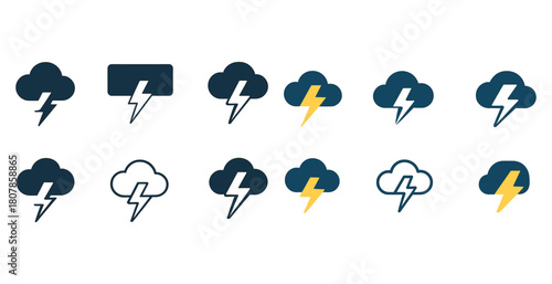 Collection of thunderstorm cloud icons with lightning bolts in various styles