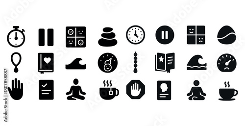 Collection of meditation and wellness icons including clocks, yoga, and spa elements