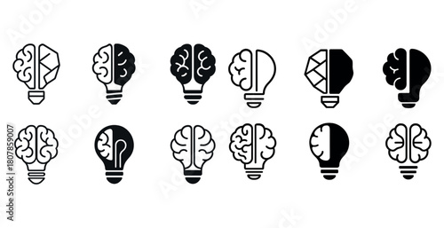 Creative brain and lightbulb icon set - innovation and ideas collection
