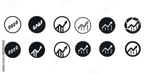 Set of 12 black and white finance icons featuring stock and growth graphs