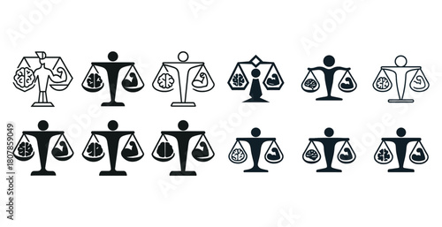 Balance of heart and mind: symbolic scale icons in various designs