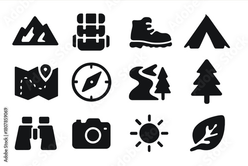 Adventure Trekking Icons. Adventure trekking. Solid icon set of Adventure trekking: mountain, backpack, hiking boots, tent, map, compass, river,