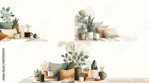 Cozy home decor illustration with pillows, books, mugs, and indoor plants in soft earthy tones, creating a warm minimalist aesthetic for lifestyle and interior themes.