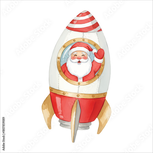 Santa Claus Waving from Rocket Vector Isolated on White Background Christmas
