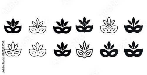 Set of decorative black and white carnival masks with feather accents