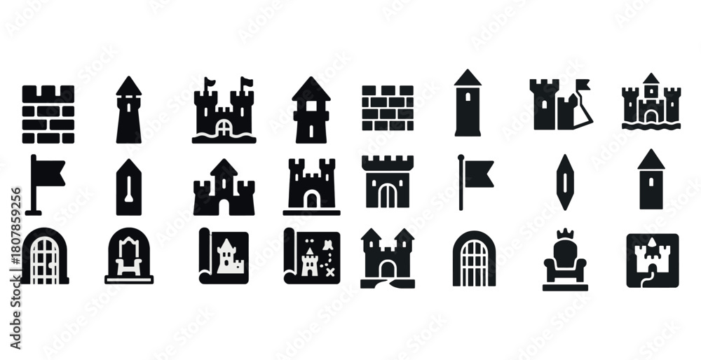 Fototapeta premium Vector icons of castles, towers, fortifications, and medieval flags in black silhouette