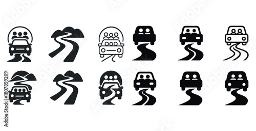 Set of car icon designs featuring curvy roads and mountains