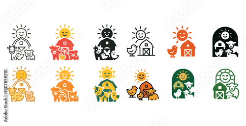 Colorful farm animal icons with sun, barn, and happy animals in various color schemes