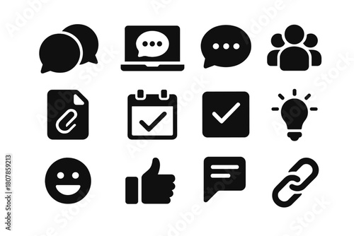 Team Chat Icons. Team chat. Solid icon set of Team chat: group bubbles, laptop screen, message dots, user icons, file attachment, calendar, task