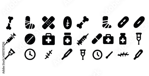 Variety of medical and healthcare icons in black and white