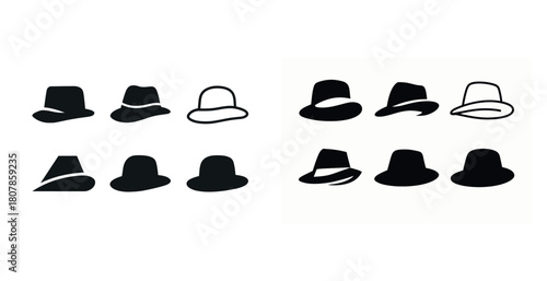 Stylized black and white hat silhouettes collection with various designs