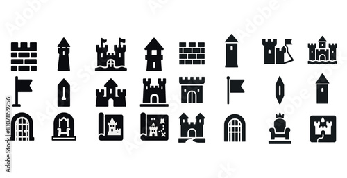 Vector icons of castles, towers, fortifications, and medieval flags in black silhouette