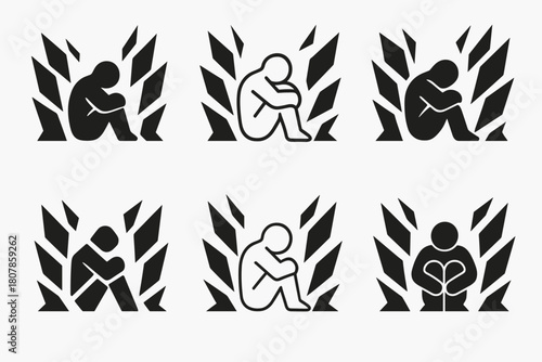 Depression Icon Variations. Wall of depression closing in around a figure. Icon set. Set Logo of wall of depression closing in around a figure: jagged wall