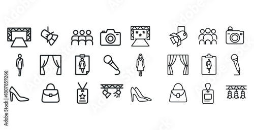 Event icons: fashion, red carpet, camera, microphone, spotlight, fashion show