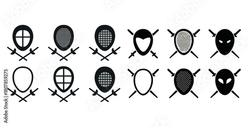 Set of fencing helmet icons with crossed swords