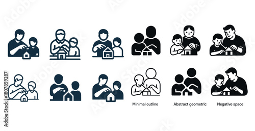 Collection of family icons featuring diverse groups in minimalist style