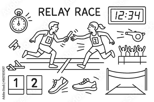 Relay Race Doodle. Relay race. Hand-drawn doodle illustration relay race baton, runners, lane lines, starting blocks, finish tape, stopwatch, whistle, numbered