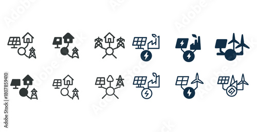 Renewable energy icons: solar panels, wind turbines, electrical grids, power plants