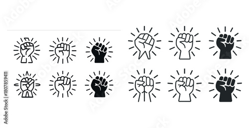 Icons of raised fists in various styles signifying unity and strength