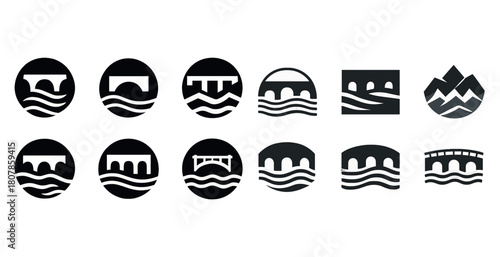 Bridge icons collection: diverse styles of waterway crossing symbols
