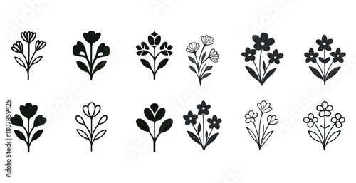Collection of simple black and white floral icons and silhouettes