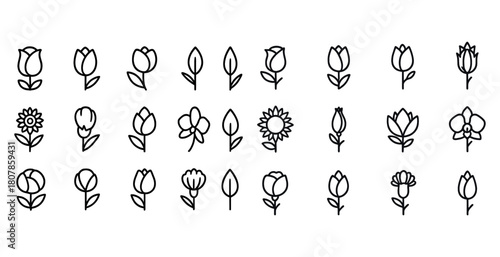 Minimalist floral icons set featuring various flower designs in black outline style