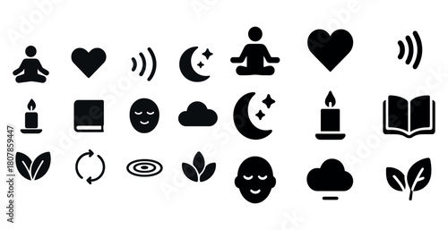 Mindfulness and wellness icons: meditation, relaxation, and nature symbols collection