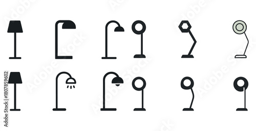 Variety of floor lamp icon designs in black and white