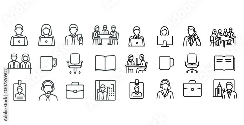 Business icons: office, teamwork, communication, and workspace elements