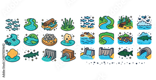 Illustrative icons of water cycle and aquatic ecosystem elements