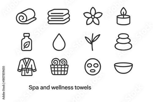 Spa Towel Icons. Spa and wellness towels. Line icon set of spa and wellness towels: rolled towel, towel stack, flower petal, aroma candle, essential oil