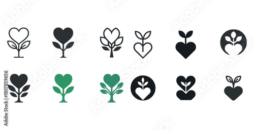 Set of heart plant icons in various styles and colors