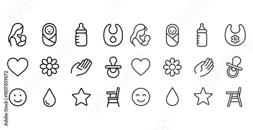 Baby care icons set: motherhood, feeding, pacifiers, hearts, flowers, stars