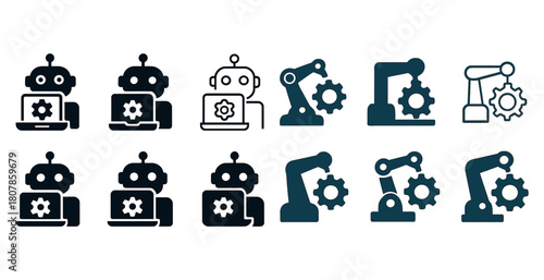 Robotics icons set: robots, gears, and mechanical arms in various styles