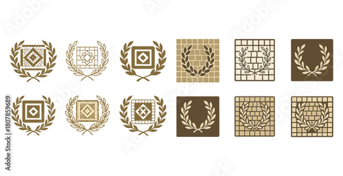 Elegant geometric laurel emblems and mosaic patterns collection