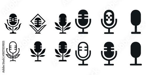 Set of various microphone icons in simple black and white design