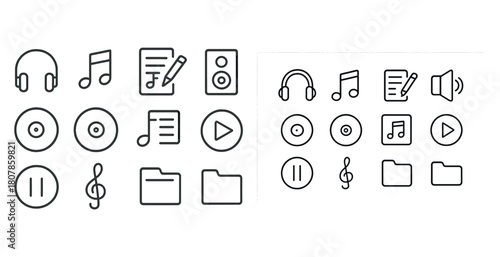 Outline icons set: music symbols and audio elements for multimedia projects